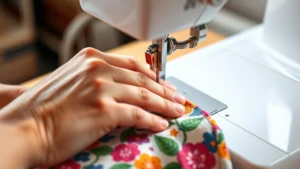 Close-up of hands guiding fabric through a sewing machine, fingers positioned correctly on colorful cotton fabric, natural studio lighting, focused expression, modern sewing machine visible