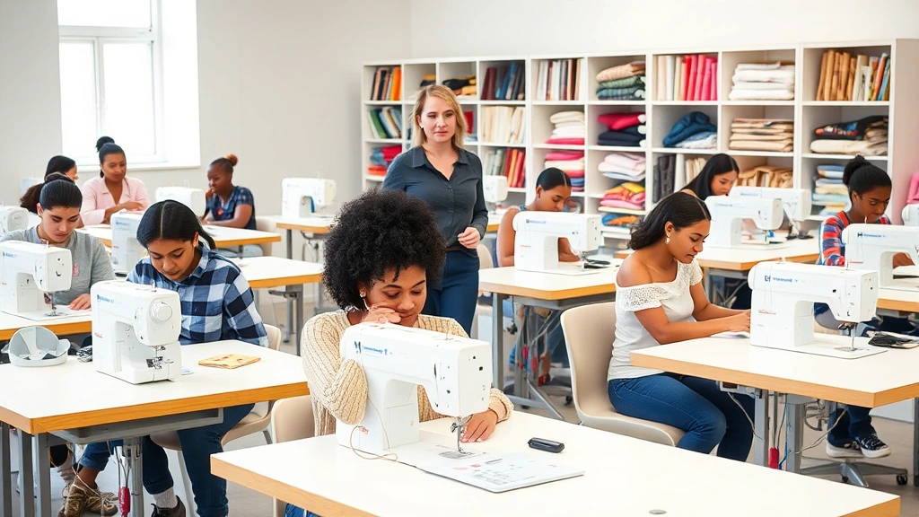 Diverse group of students in a bright studio classroom working at individual sewing machines, instructor walking between stations offering guidance, neatly organized fabric bolts visible in background