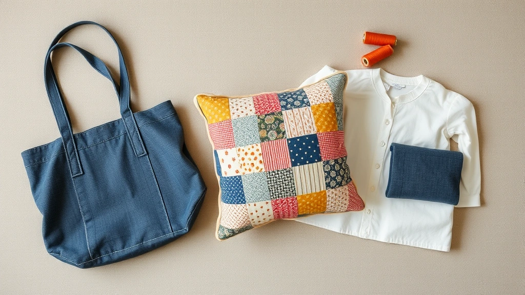 Overhead view of completed sewing projects arranged on neutral background: finished tote bag, quilted patchwork pillow, simple cotton garment, and spools of thread, natural soft lighting
