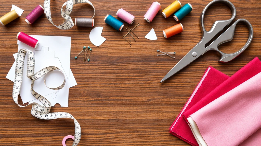 Flat lay of sewing supplies including measuring tape, scissors, thread spools in various colors, pattern pieces, pins, and folded fabric swatches arranged artfully on wooden surface, natural daylight