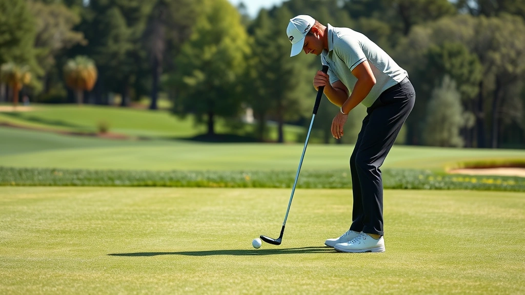 Golfer in professional stance addressing golf ball on fairway with manicured grass, trees lining the course in background, natural daylight, focused expression, realistic golf course setting