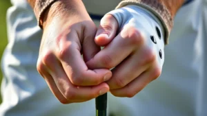 Close-up of golfer's hands demonstrating proper grip position on golf club, natural lighting, showing finger placement and hand alignment