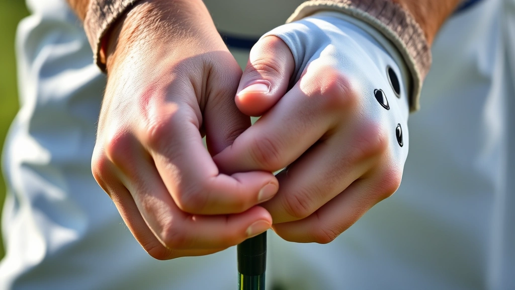 Close-up of golfer's hands demonstrating proper grip position on golf club, natural lighting, showing finger placement and hand alignment