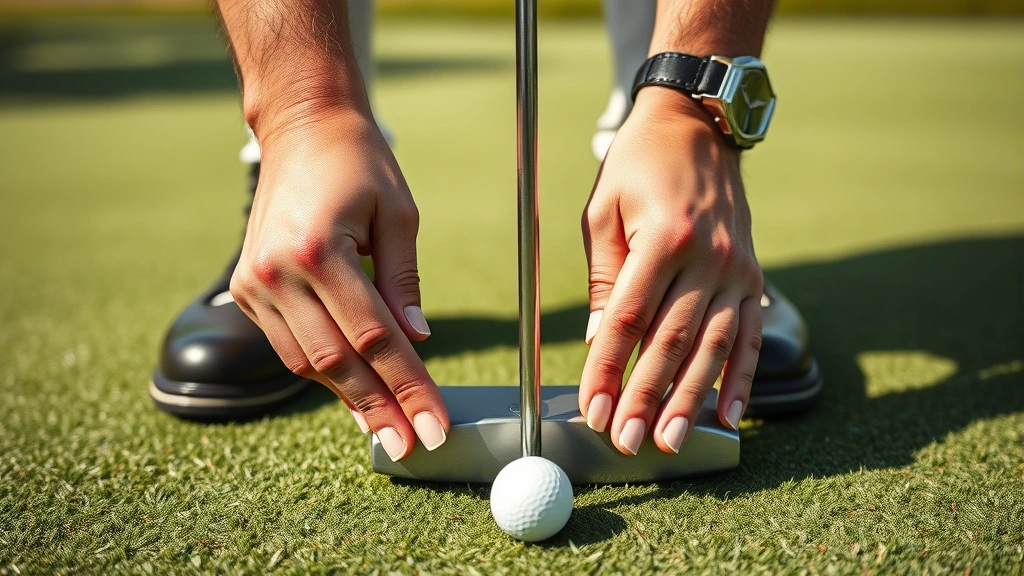Close-up of golfer's hands and putter on green with focus on proper grip and alignment, realistic putting green with natural shadows, professional technique demonstration