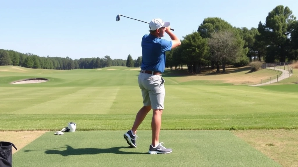 Beginner golfer in athletic stance on practice range, demonstrating proper posture with bent knees and forward spine tilt, fairway in background