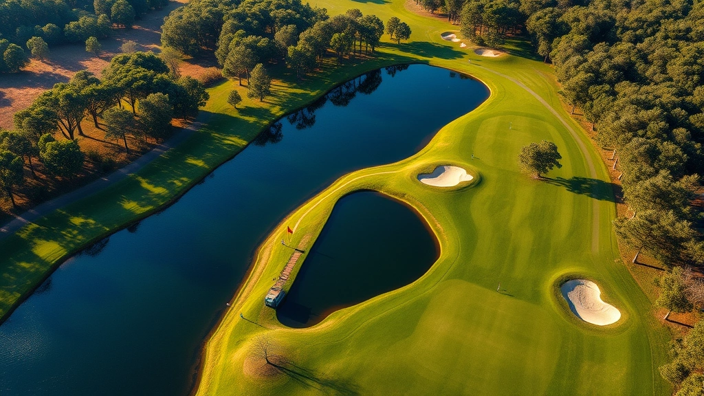 Aerial view of scenic golf course hole with water hazard, bunkers, and fairway layout visible, trees surrounding the course, natural lighting, strategic design elements visible