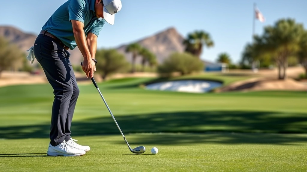 Golfer practicing chip shot on practice green near Shadow Lakes course, showing short game fundamentals with wedge club and proper form