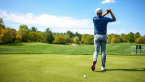 Professional golfer mid-swing on fairway with manicured grass, trees, and blue sky background, natural lighting, outdoor golf setting