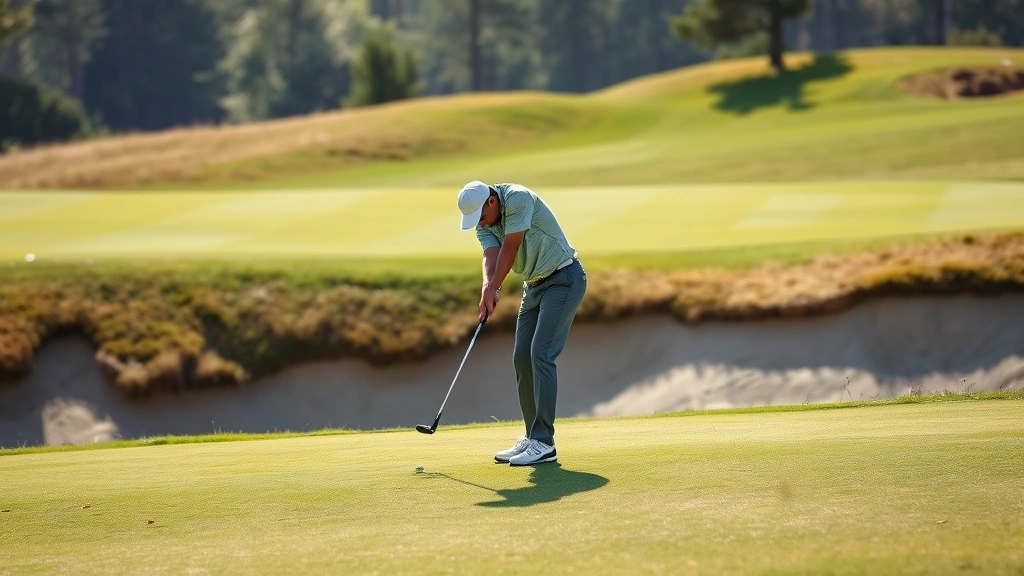 Golfer executing short chip shot from rough near sand bunker, elevated green in background, precision footwork and posture demonstrated, natural sunlight casting shadows on course