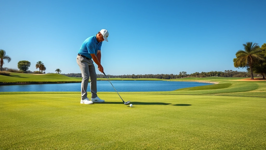 Professional golfer in proper stance addressing golf ball on pristine fairway with manicured grass, water hazard visible in background, clear blue sky, natural daylight, photorealistic