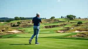 Professional golfer analyzing course layout and fairway strategy on a championship golf course with multiple elevation changes, examining the terrain carefully before taking a shot