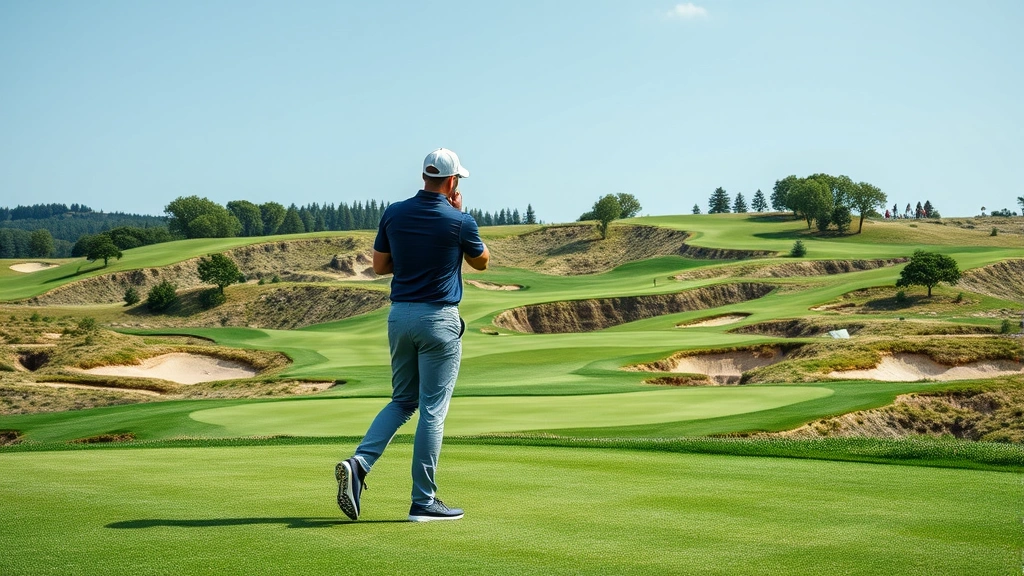 Professional golfer analyzing course layout and fairway strategy on a championship golf course with multiple elevation changes, examining the terrain carefully before taking a shot