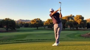 Professional golfer mid-swing on scenic California golf course with rolling fairways and mature oak trees in background, clear blue sky, golden hour lighting