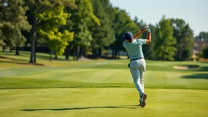 Professional golfer mid-swing on manicured fairway with pristine green in background, natural landscape and trees, sunny day, photorealistic
