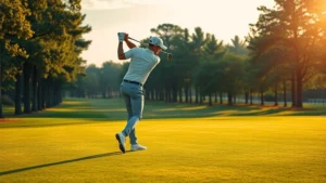 Professional golfer mid-swing on manicured fairway with trees lining the course, focused expression, perfect form demonstration, golden hour lighting