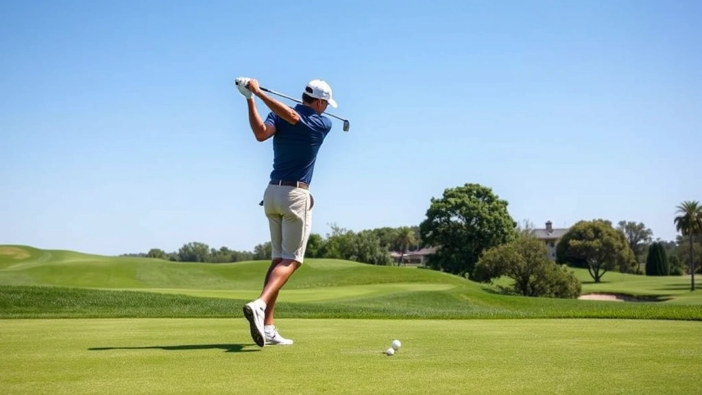 Professional golfer mid-swing on pristine golf course with lush green fairway and clear blue sky, demonstrating proper form and technique