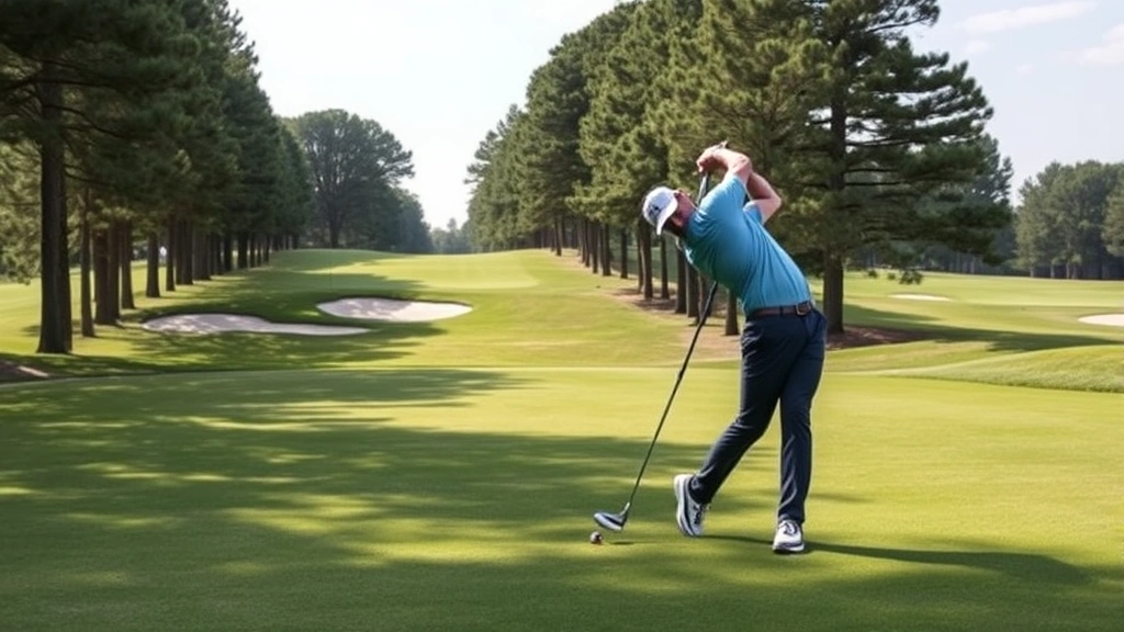 Golfer practicing iron shot on excellent fairway condition with perfectly maintained turf, trees lining hole, strategic bunker placement visible, focused athletic form