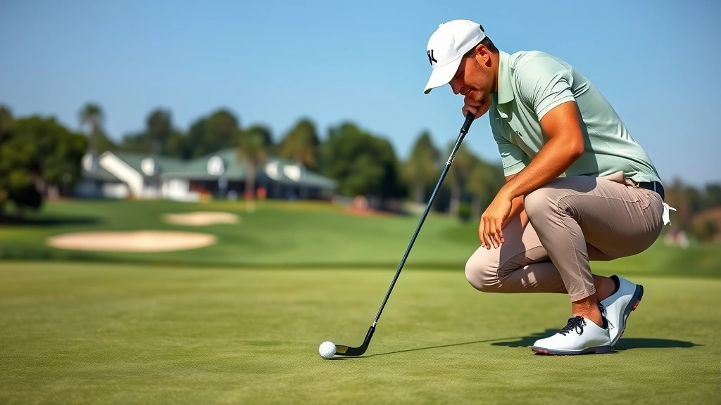 Golfer reading green with intense concentration, studying putt line on pristine putting surface, hand gestures analyzing slope, championship course backdrop