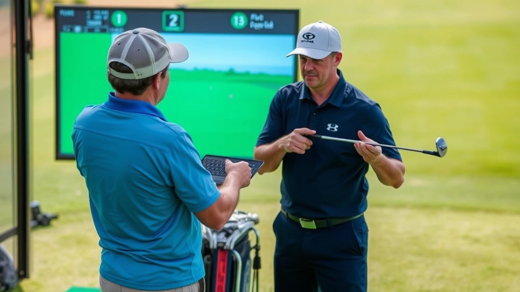 Instructor providing feedback to student golfer on practice range, both examining golf swing form with modern analysis technology visible