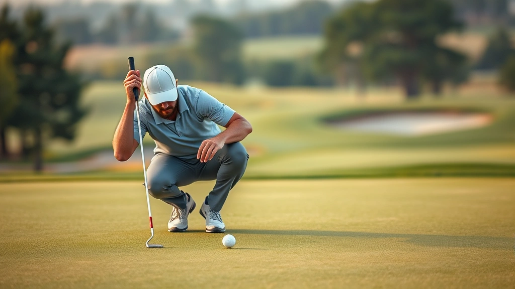 Golfer analyzing putt on championship-quality green with intense focus, holding putter, manicured putting surface, course landscape in soft background, concentration evident