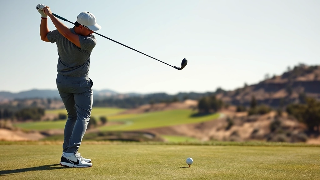 Professional golfer executing an approach shot from the fairway with perfect form, demonstrating proper technique with landscape background showing course hazards and elevation