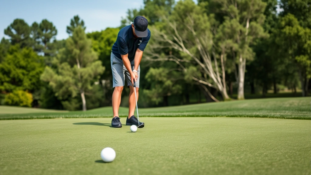 Golfer practicing short game shots on practice green with multiple balls, focusing on chipping and pitching technique, concentration and preparation