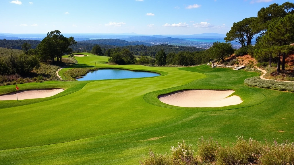 Scenic golf course hole featuring water hazard, sand bunkers, carefully maintained turf, rolling terrain with natural vegetation, panoramic view