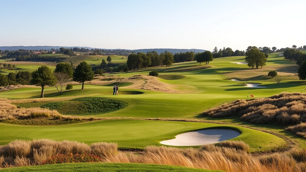 Scenic championship golf course with multiple holes visible, players practicing short-game skills on green with bunkers and varied terrain