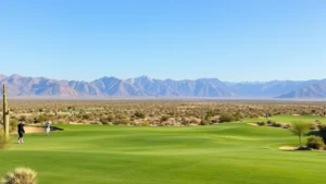 Wide view of desert golf fairway with native Sonoran vegetation and mountains in distant background, golfers on tee box preparing to play, natural desert landscape lighting with clear blue sky, realistic golf course setting