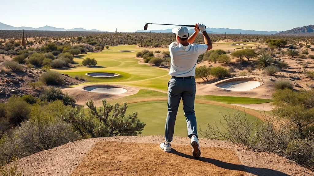 Professional golfer mid-swing on elevated tee box with bunkers and fairway visible below, desert vegetation framing hole, clear Arizona sunlight creating natural shadows, action shot of golf technique