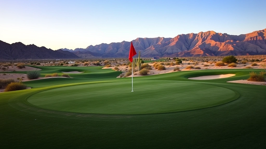 Golf course green with flag stick surrounded by desert landscaping, bunkers visible, mountains in background, late afternoon light across putting surface, realistic course conditions with natural terrain