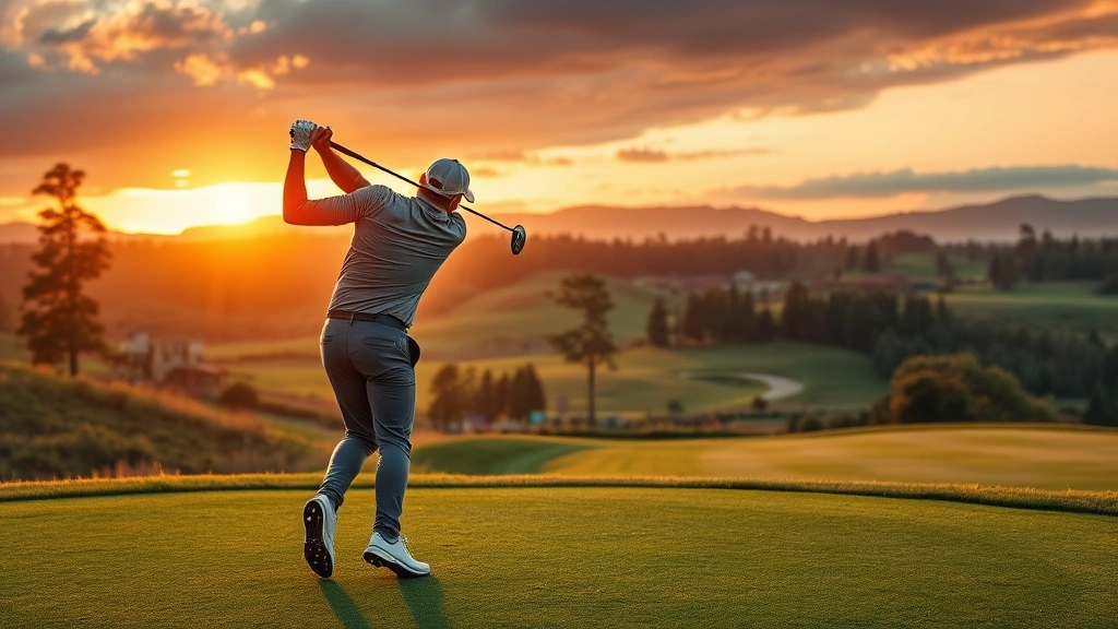 Professional golfer mid-swing at sunrise on a beautiful golf course with elevated tee box, dramatic landscape background, golden light illuminating the fairway and trees
