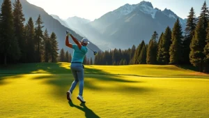 Golfer mid-swing on elevated fairway with dramatic mountain backdrop and coniferous forest, morning sunlight creating shadows on manicured grass, photorealistic professional golf photography