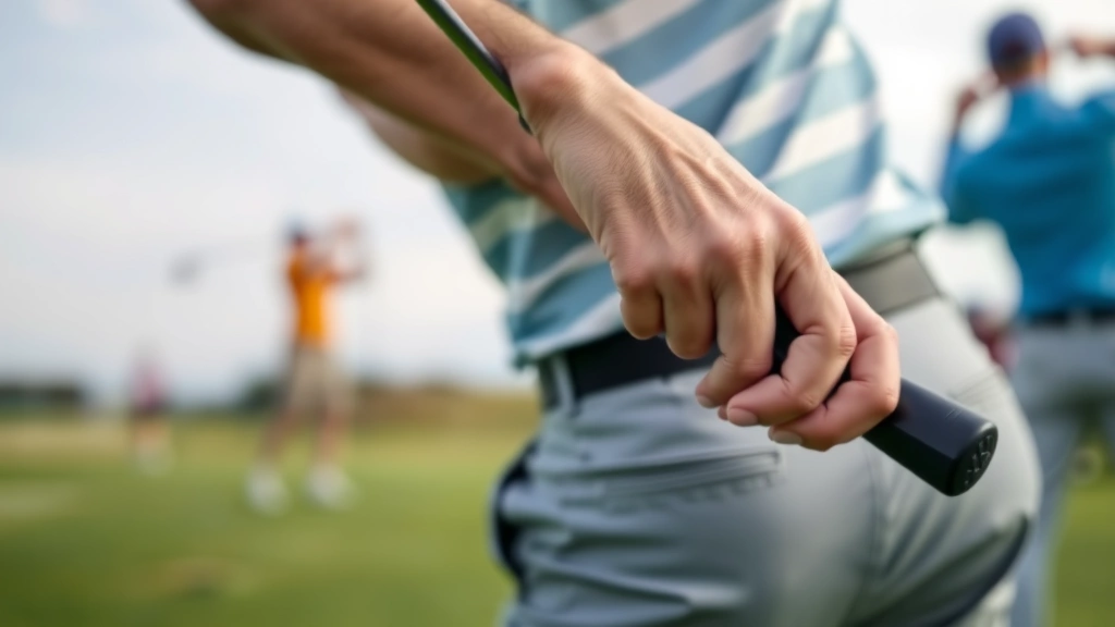 Close-up of golfer's hands and club grip during backswing on practice range, showing proper form and positioning, soft focus background with other golfers practicing