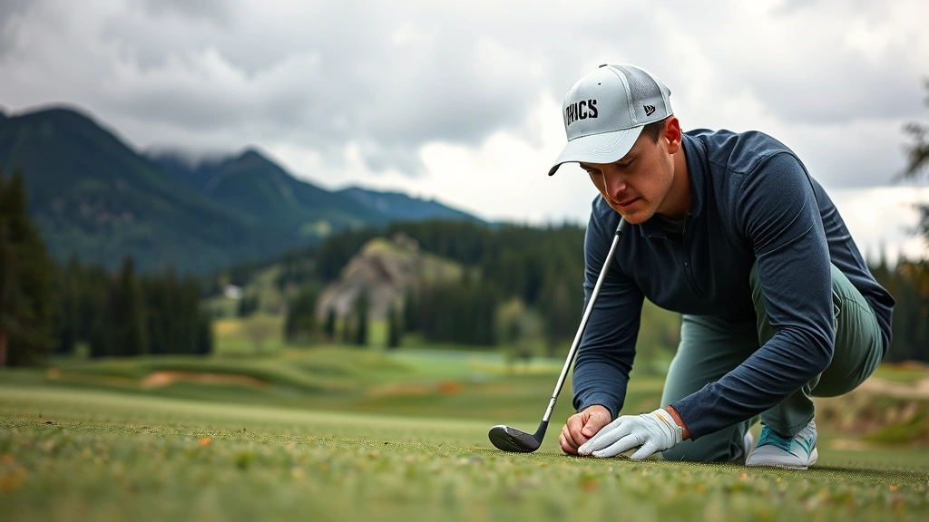 Close-up of golfer analyzing lie on sloped green with elevation changes visible in background, focused concentration expression, overcast British Columbia sky, natural lighting