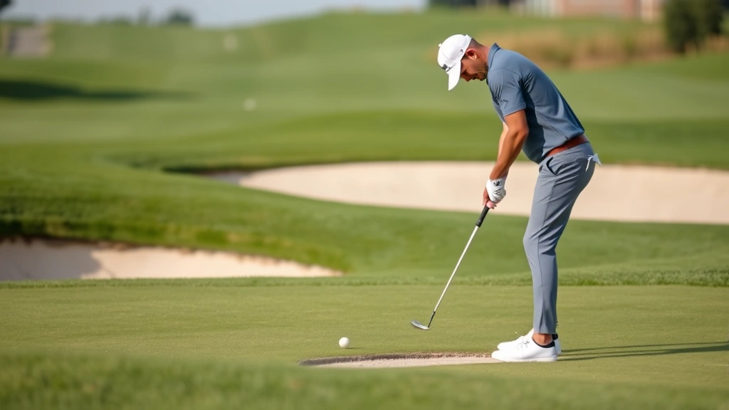 Golfer chipping near green on challenging hole with sand bunker visible, demonstrating short game technique with focused concentration, manicured green and fairway in background