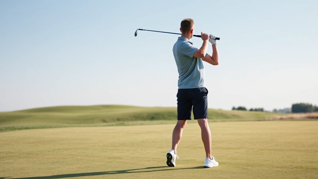 Beginner golfer in athletic posture at address position, hands gripping club correctly, standing on well-maintained fairway with clear sky background, peaceful outdoor setting
