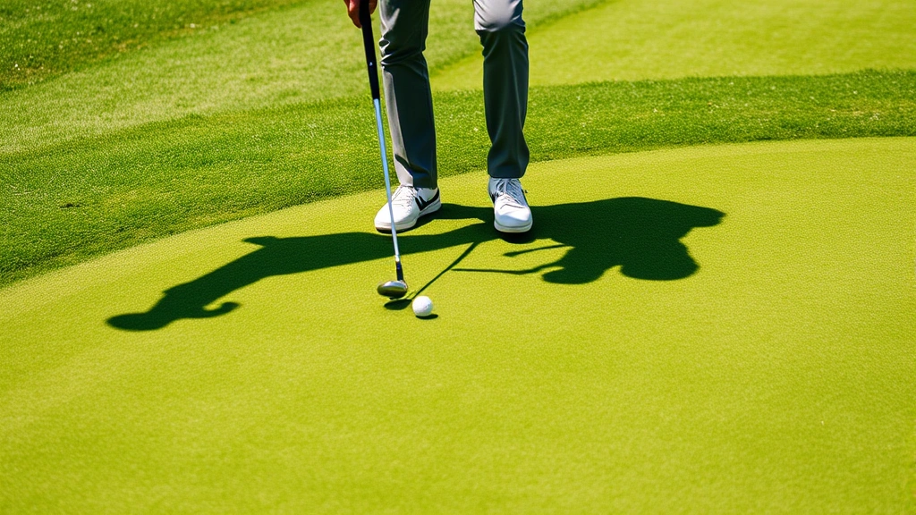 Expert golfer reading green slopes by walking around putting surface from multiple angles, observing grass grain direction and subtle breaks, natural sunlight creating shadows on grass