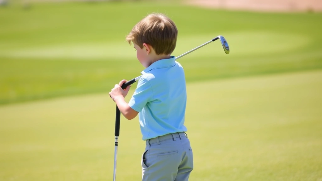 Young child in proper golf stance on sunny course with green fairway, holding junior golf club, focused expression, professional instruction setting