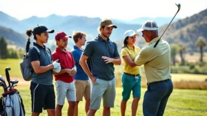 Young diverse students on a beautiful golf course learning proper swing technique from an instructor, natural sunlight, scenic valley landscape, focused expressions