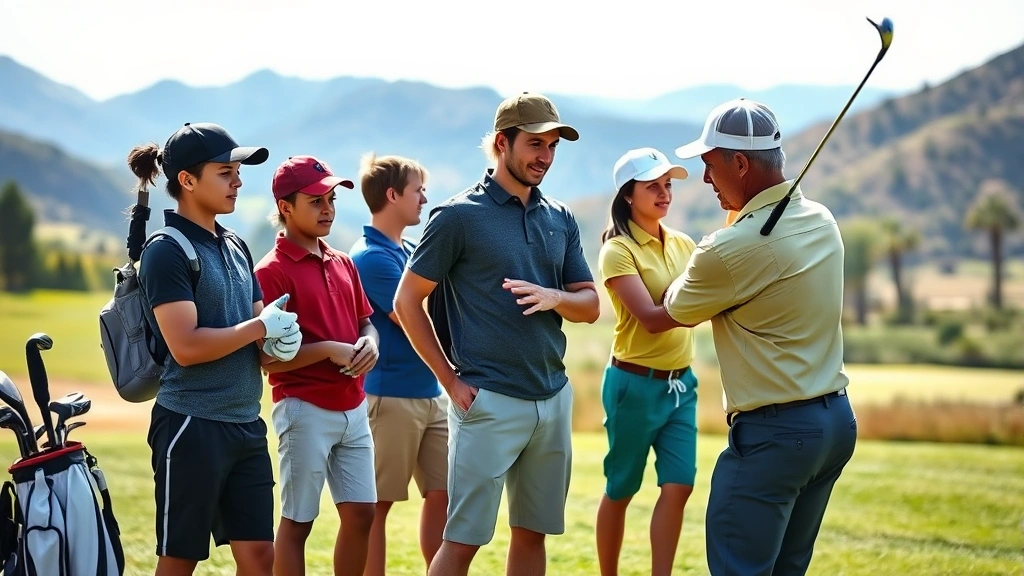 Young diverse students on a beautiful golf course learning proper swing technique from an instructor, natural sunlight, scenic valley landscape, focused expressions