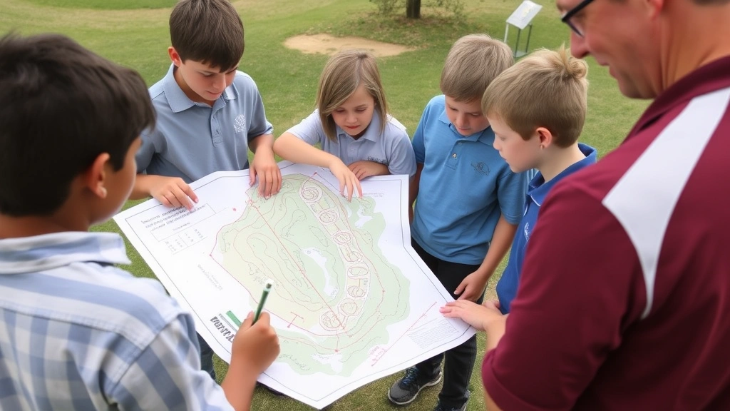 Group of middle school students analyzing a golf course map with elevation changes, discussing strategy and distance calculations with instructor, outdoor classroom setting