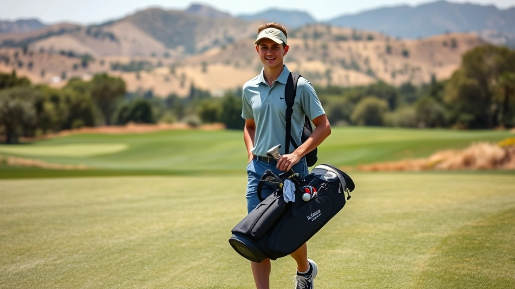 Teen golfer walking down fairway carrying golf bag, scenic Ojai valley landscape in background, confident posture, mid-round play, natural daylight