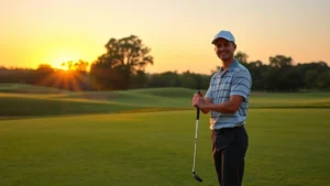 A beginner golfer standing on a picturesque fairway during golden hour, holding a driver with a confident posture, lush green grass and trees in background, natural lighting, peaceful course setting