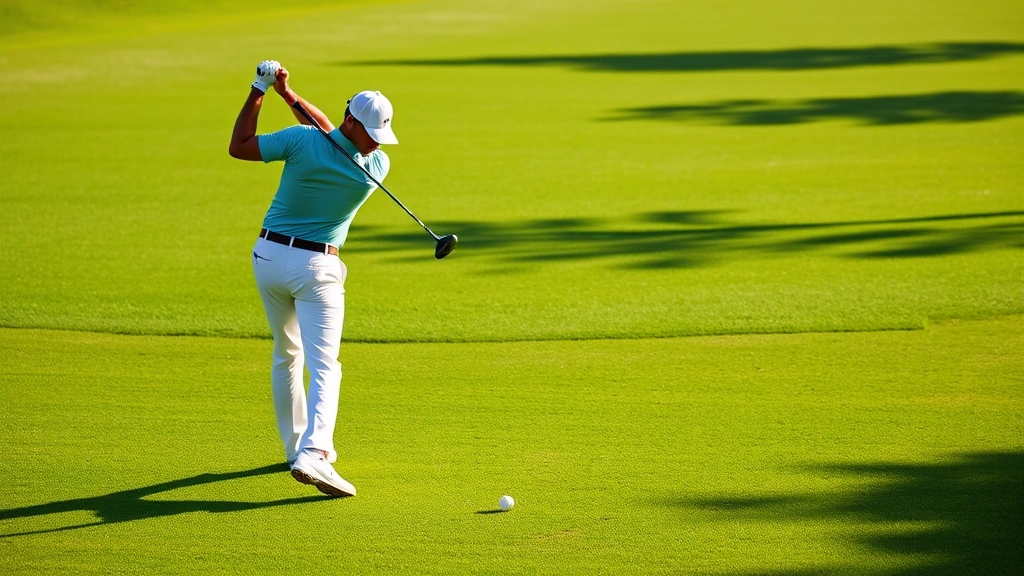 Professional golfer mid-swing on well-manicured fairway with perfect form, demonstrating proper body rotation and weight transfer, early morning sunlight casting shadows
