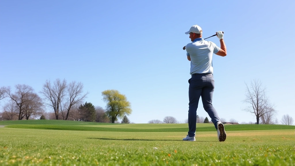 Beginner golfer in proper stance and posture on a beautiful spring golf course fairway, lush green grass visible, golfer holding iron club, clear blue sky, natural lighting, peaceful outdoor setting