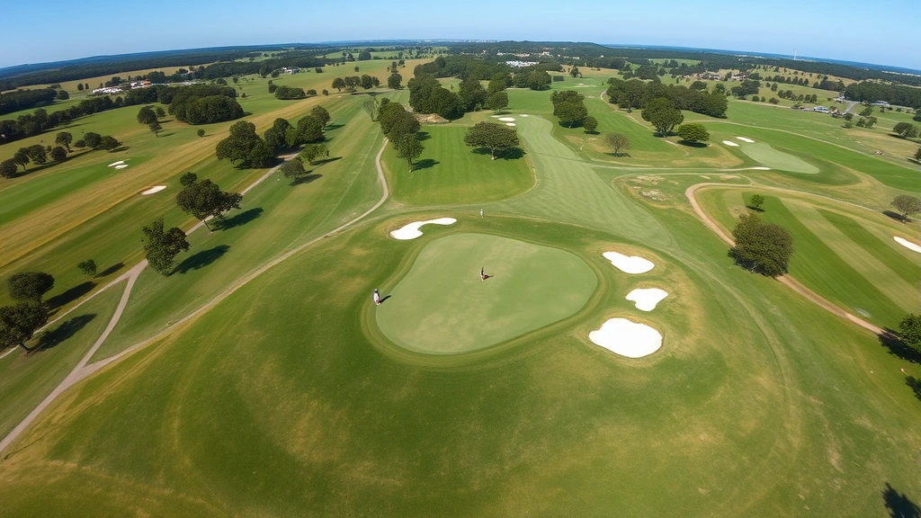 Wide aerial view of a beautiful golf course with manicured fairways, several golfers scattered across different holes, white sand bunkers visible, tree-lined borders, blue sky, professional maintenance evident