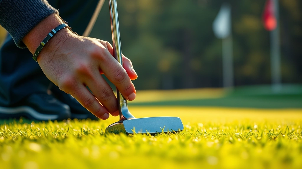 Close-up of a golfer's hands gripping a putter on a smooth green with the flagstick visible in the distance, morning sunlight, detailed grass texture, peaceful concentration expression