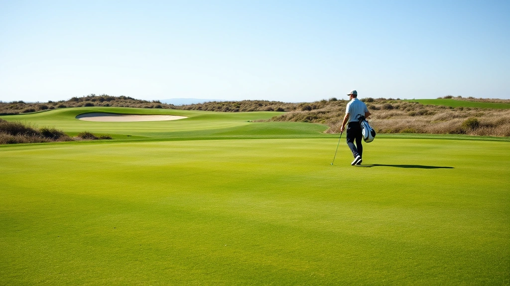 Wide landscape shot of scenic golf course hole with fairway, rough areas, sand bunker visible in distance, well-maintained grounds, spring season with green vegetation, golfer walking down fairway with golf bag