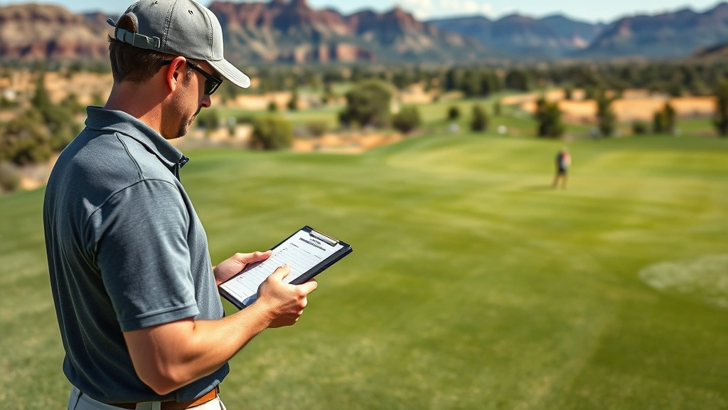 Professional golfer analyzing course layout on fairway with notepad, studying terrain and hazard placement, focused strategic planning, natural daylight, Utah landscape background